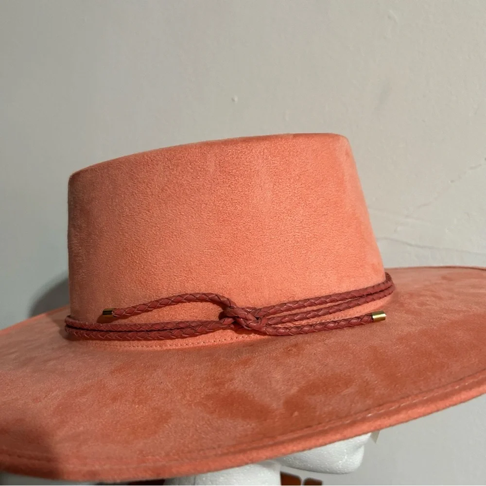 Anthropologie ASN Watermelon Sugar Pink Vegan Suede Boater Hat - Picture 4 of 11